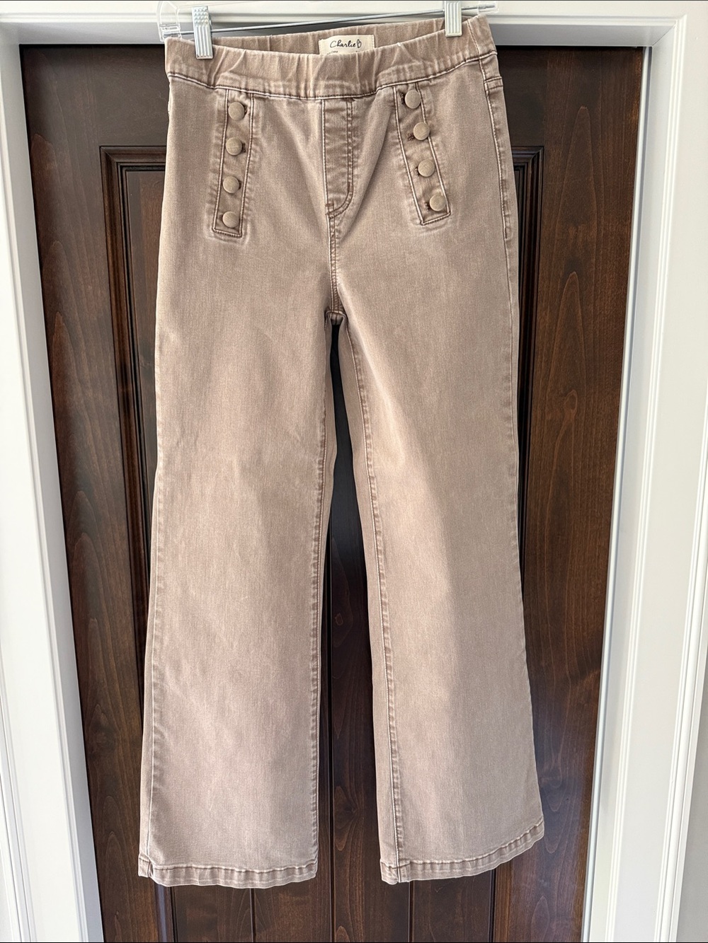 CHARLIE B Taupe Flare Jeans with Button-Front Detail
